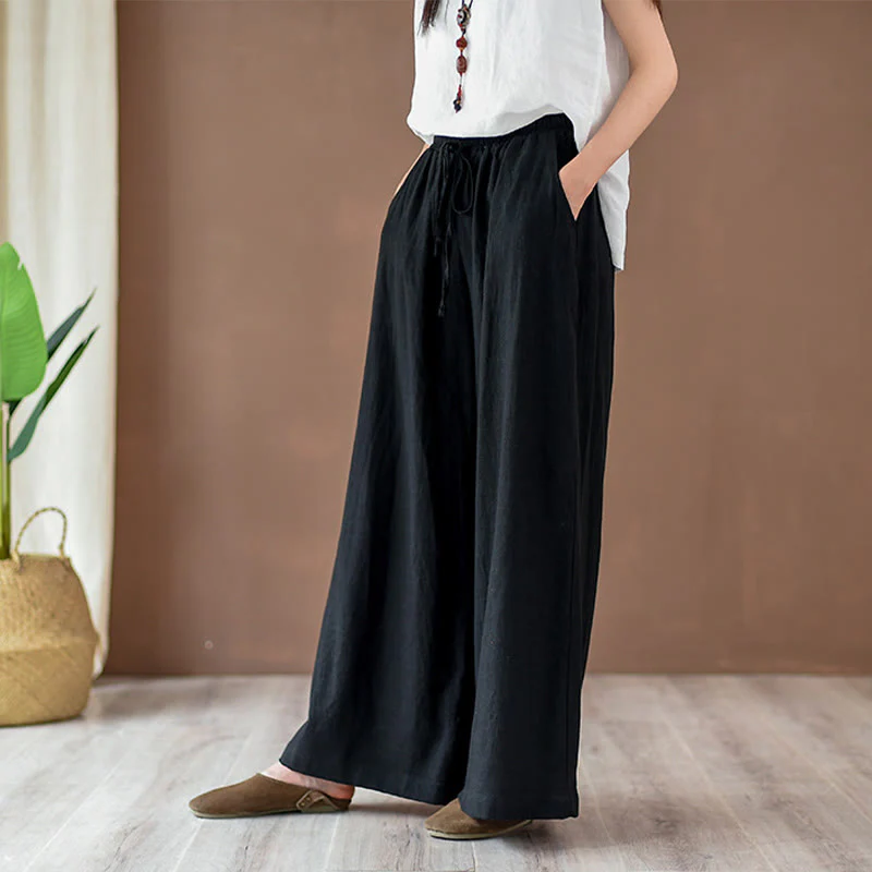 Buddha Stones Loose Cotton Linen Drawstring Wide Leg Pants With Pockets