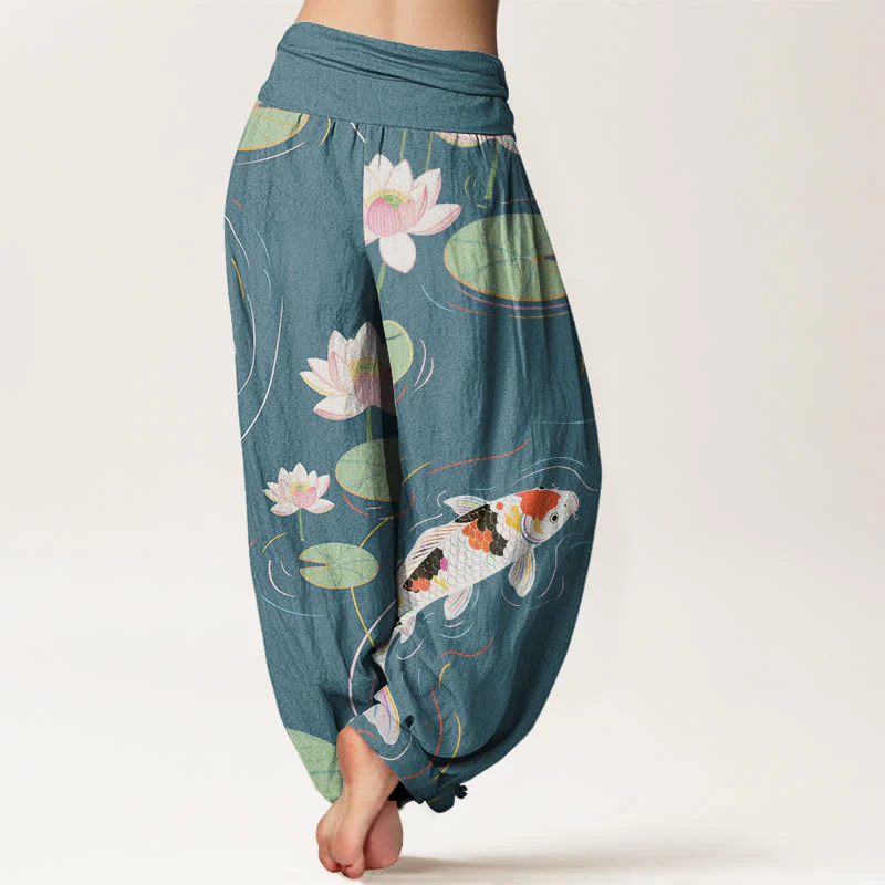 Buddha Stones Lotus Flower Lotus Leaves Koi Fish Water Ripples Pattern Women's Elastic Waist Harem Pants