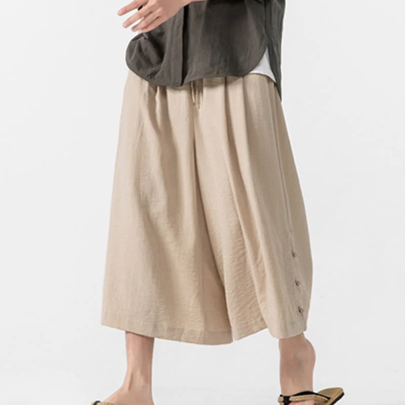 Buddha Stones Casual Loose Frog-Button Plain Men's Cotton 7-8 Length Wide Leg Pants With Pockets