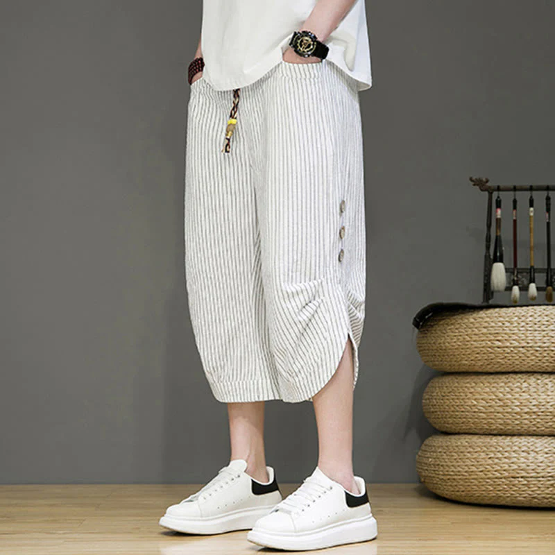 Buddha Stones Casual White Stripes Pattern Drawstring Button Design Men's Cotton Cropped Harem Pants With Pockets