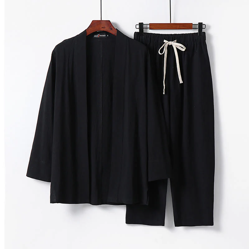 Buddha Stones 2Pcs Cotton Kimono Ankle-Length Pants Men's Meditation Cloth Set