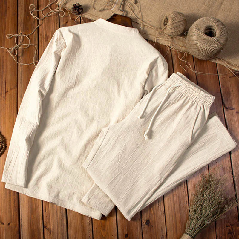 Buddha Stones Pure Color Cotton Linen Long Sleeve Top Pants Clothing Men's Set
