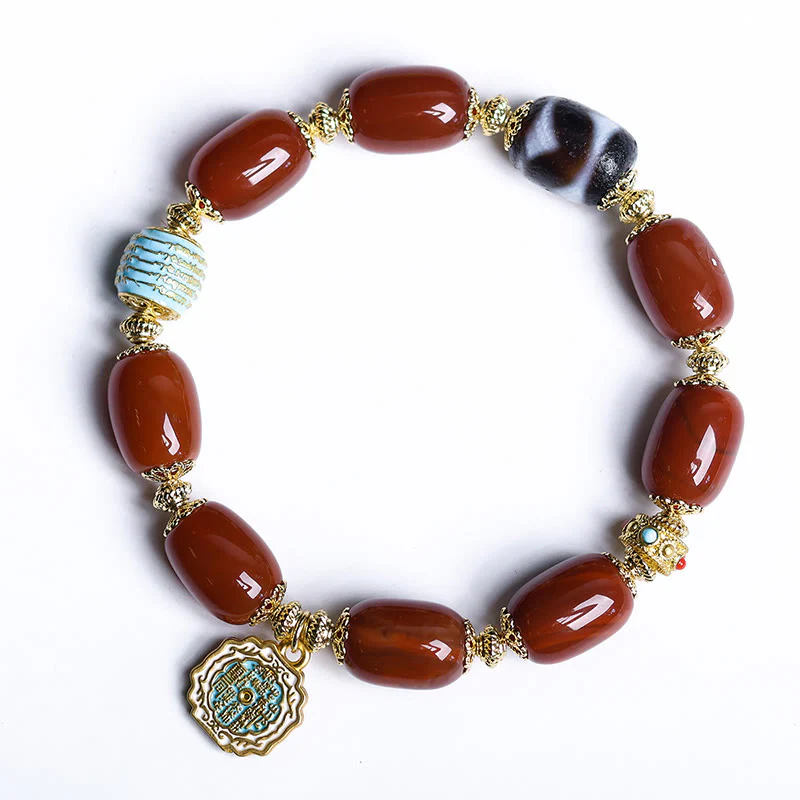 Buddha Stones Natural South Red Agate Bagua Dzi Bead Power Bracelet