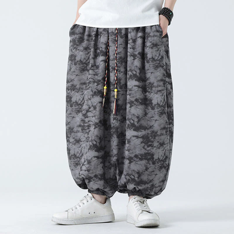 Buddha Stones Retro Casual Drawstring Design Floral Pattern Men's Harem Pants With Pockets