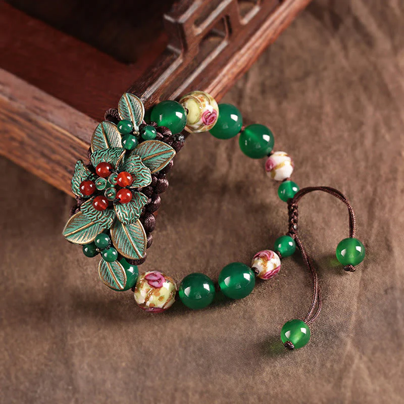 Buddha Stones Green Agate Glass Flower Beads Braided Knot Support Bracelet