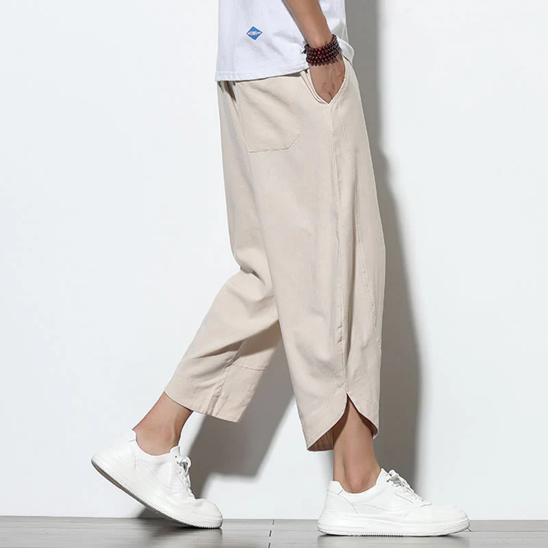 Buddha Stones Casual Summer Drawstring 7-8 Length Linen Men's Harem Pants With Pockets