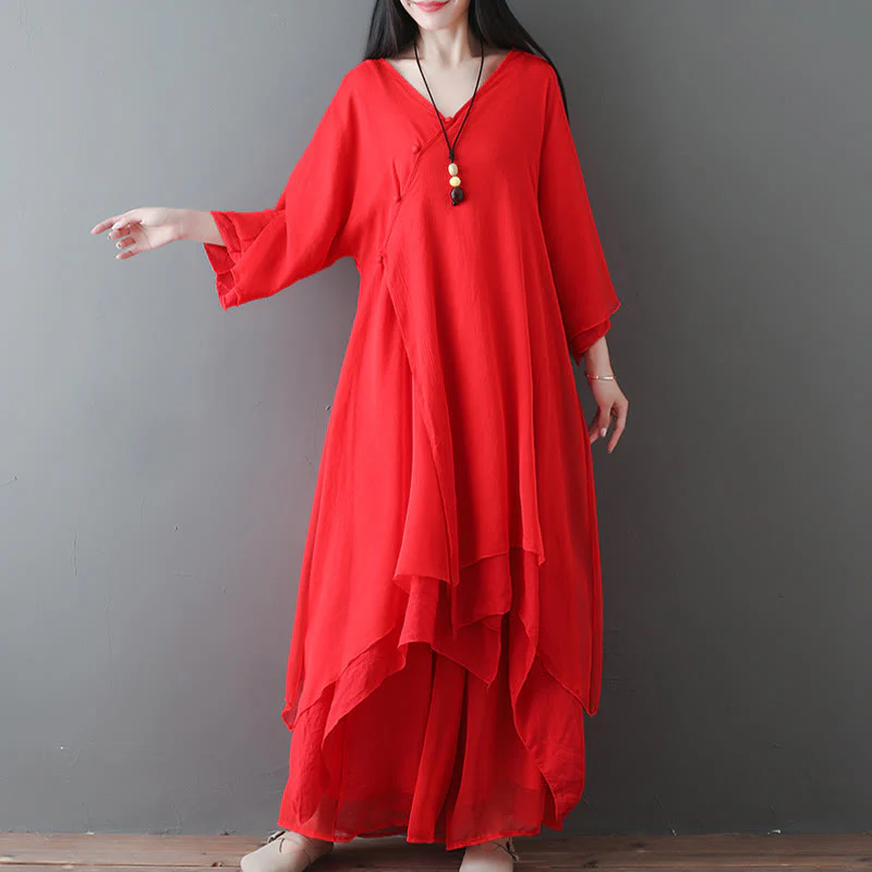 Buddha Stones V-Neck Midi Tunic Dress Wide Leg Pants Meditation Zen Practice Dance Clothing