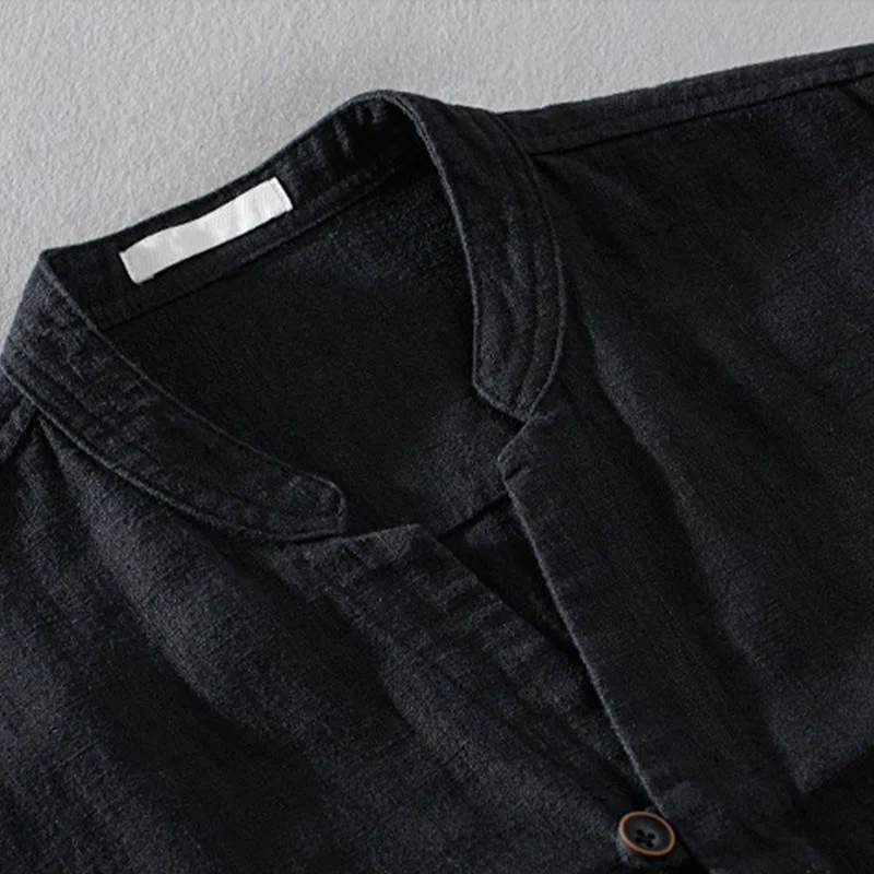 Buddha Stones Spring Daily Simple Buttons Design Stand Collar Men's Long Sleeve Cotton Linen Shirt With Pockets