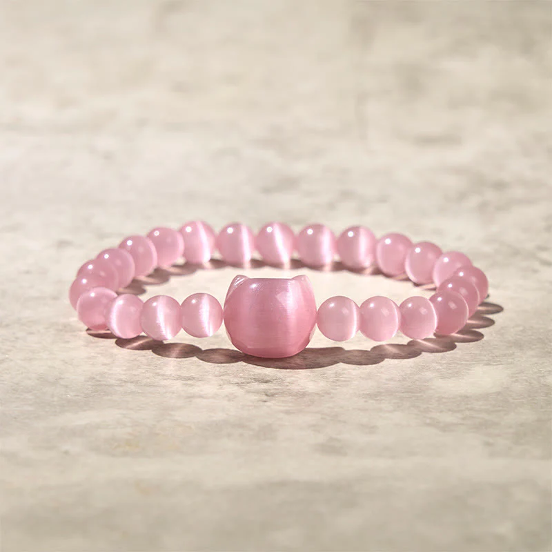 Buddha Stones Lovely Cat Head Pink Cat's Eye White Cat's Eye Spiritual Beads Bracelet