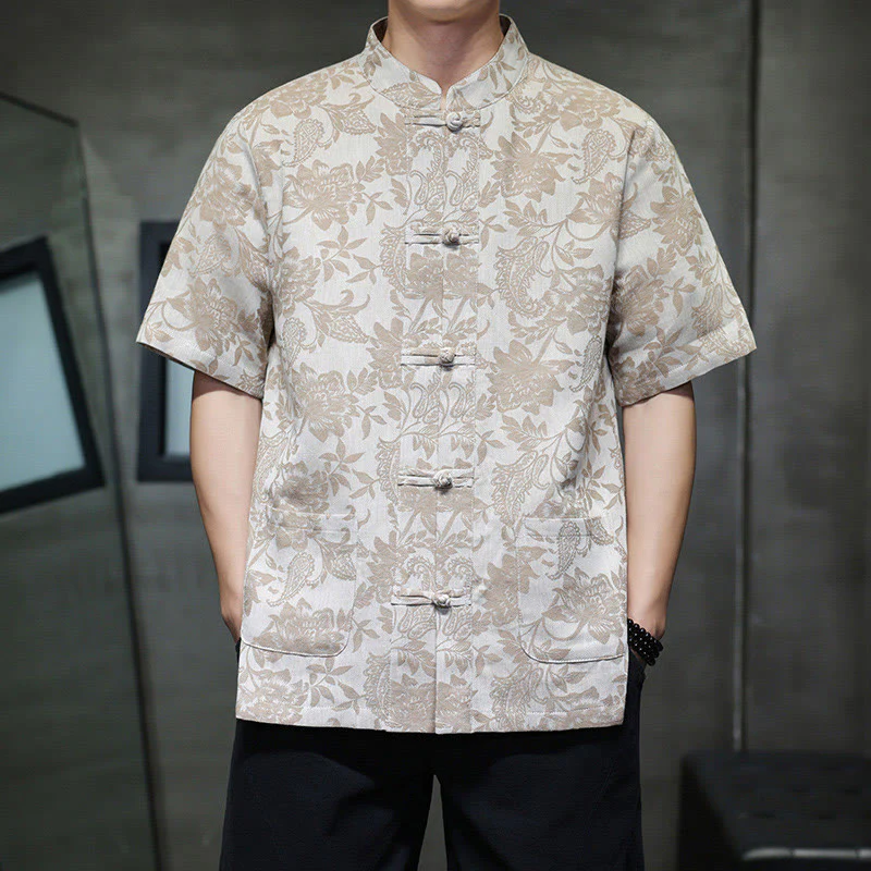 Buddha Stones Casual Jacquard Paisley Flower Plant Pattern Frog-Button Design Men's Cotton Shirt Cardigan With Pockets