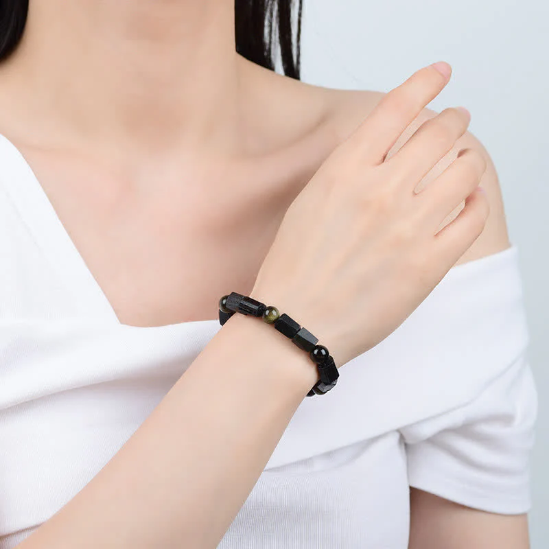 Buddha Stones Gold Sheen Obsidian Black Tourmaline Wealth Bracelet