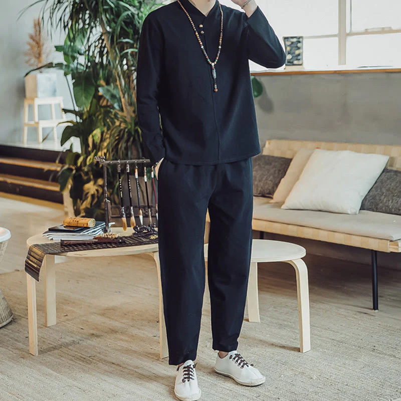 Buddha Stones 2Pcs Cotton Shirt Ankle-Length Pants With Pockets Men's Meditation Cloth Set