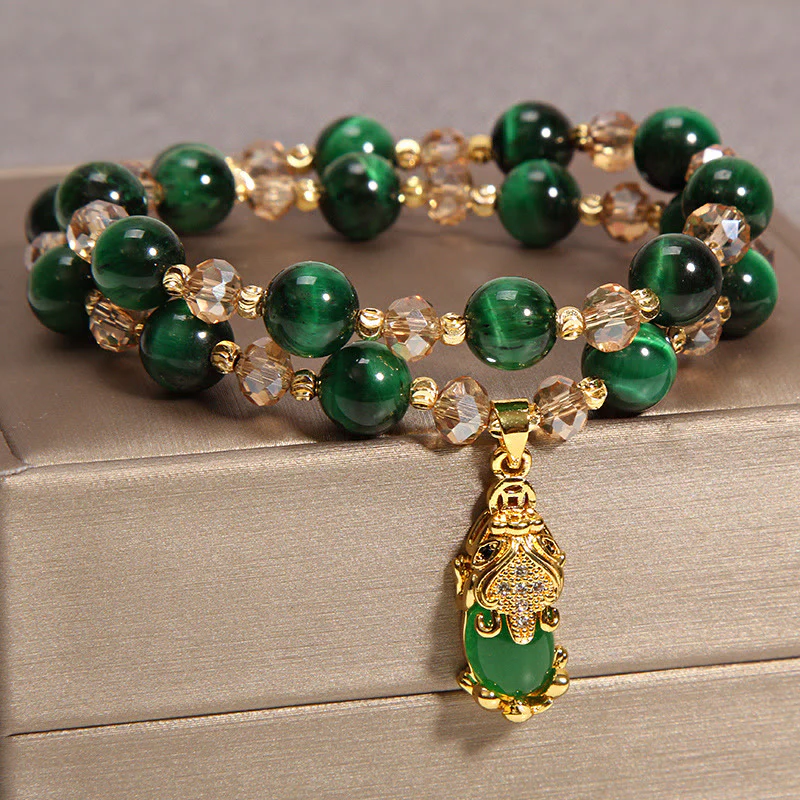 Buddha Stones Tiger Eye Pixiu Fox Money Bag Protection Self Confidence Double Wrap Bracelet