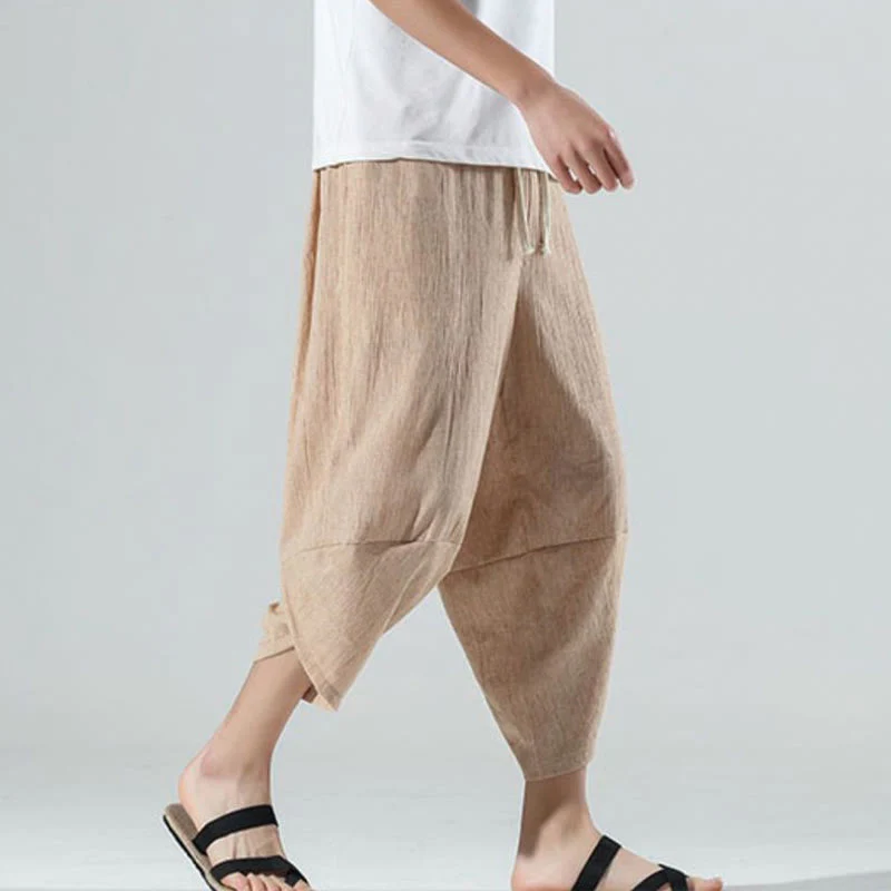Buddha Stones Plain Simple Design Drawstring 7-8 Length Linen Men's Harem Pants With Pockets