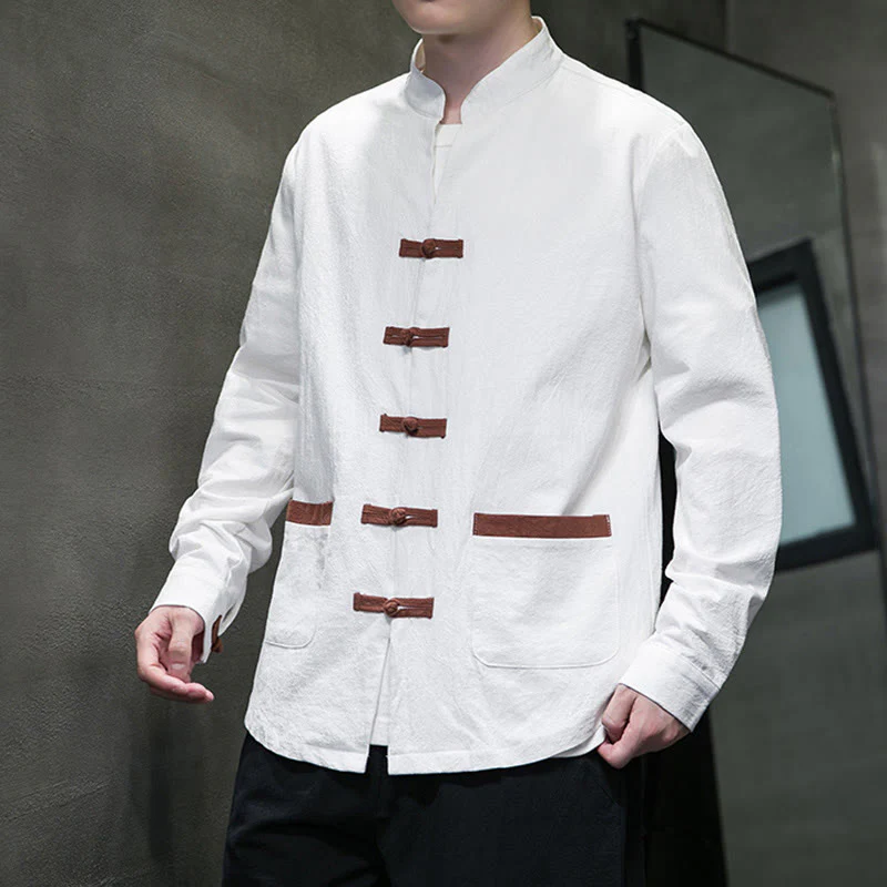 Buddha Stones Men's Stand Collar Frog-button Cotton Linen Long Sleeve Shirt With Pockets