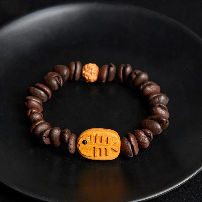 Buddha Stones Handmade Fishbone Real Coffee Beans Wenge Wood Bracelet