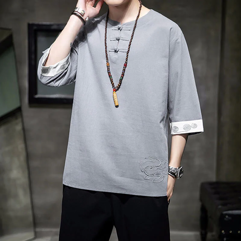 Buddha Stones Frog-Button Dragon Embroidery Chinese Tang Suit Three Quarter Sleeve Shirt Cotton Linen Men Clothing