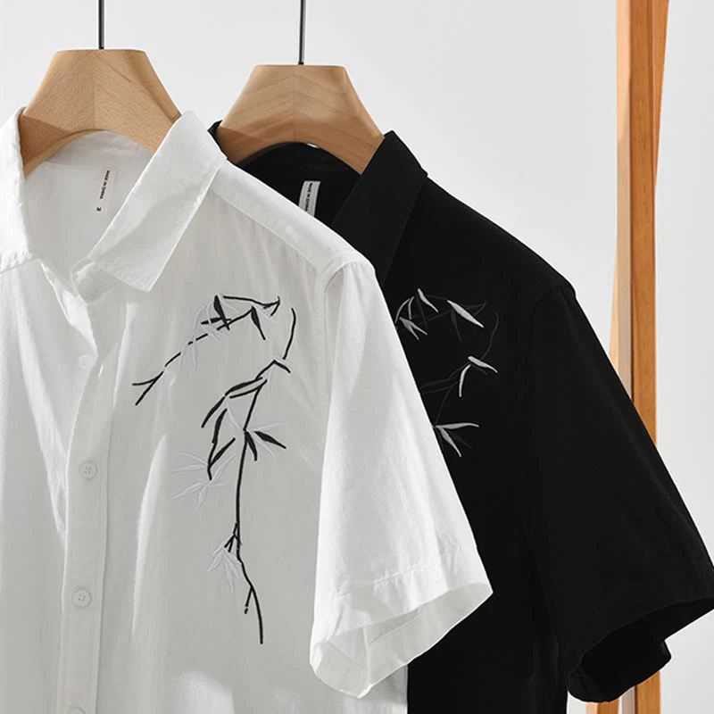 Buddha Stones Artistic Simple Design Embroidery Bamboo Pattern Men's Short Sleeve Cotton Shirt