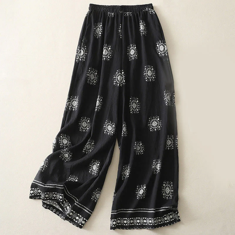 Buddha Stones Bohemian Printing Celestial Pattern Women's Wide Leg Cotton Pants With Pockets