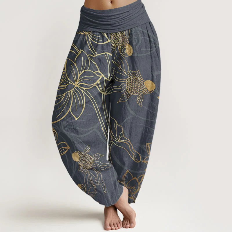Buddha Stones Pure Cotton Lotus Leaf Koi Fish Women's Elastic Waist Harem Pants