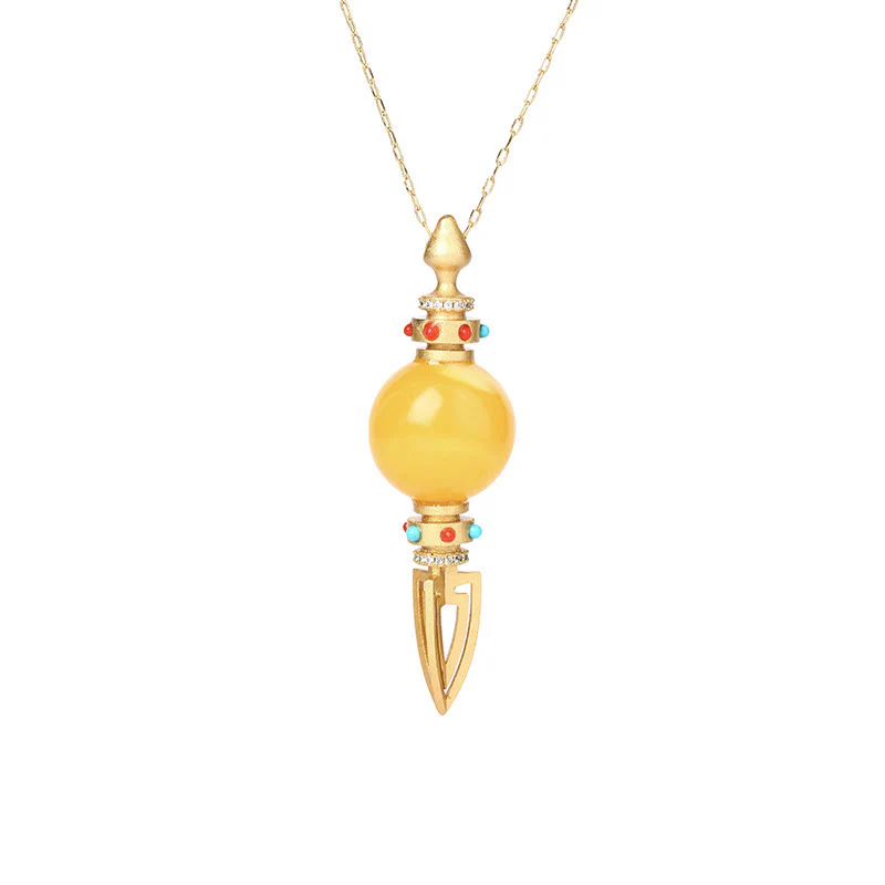 Buddha Stones 24K Gold Plated Amber Dorje Vajra Clear Anxiety Necklace Pendant