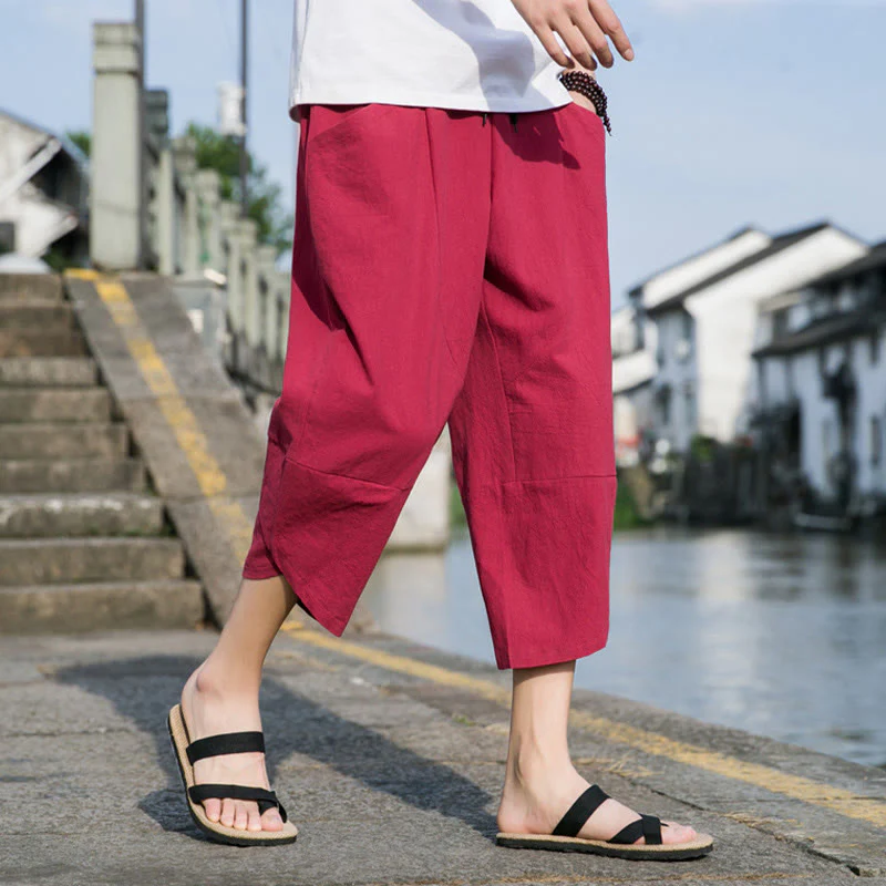 Buddha Stones Summer Casual Simple Plain Tapered Design Drawstring Men's  7-8 Length Cotton Linen Pants With Pockets