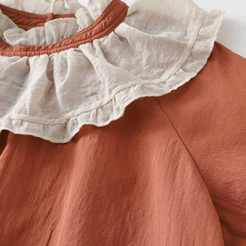 Buddha Stones Casual Ruffled Lace Patchwork Design Puff Sleeve Cotton Midi Dress With Pockets