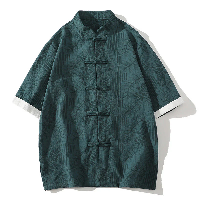 Buddha Stones Casual Summer Jacquard Floral Pattern Frog-Button Men's Stand Collar Contrasting Color Half Sleeve Cotton Cardigan Shirt