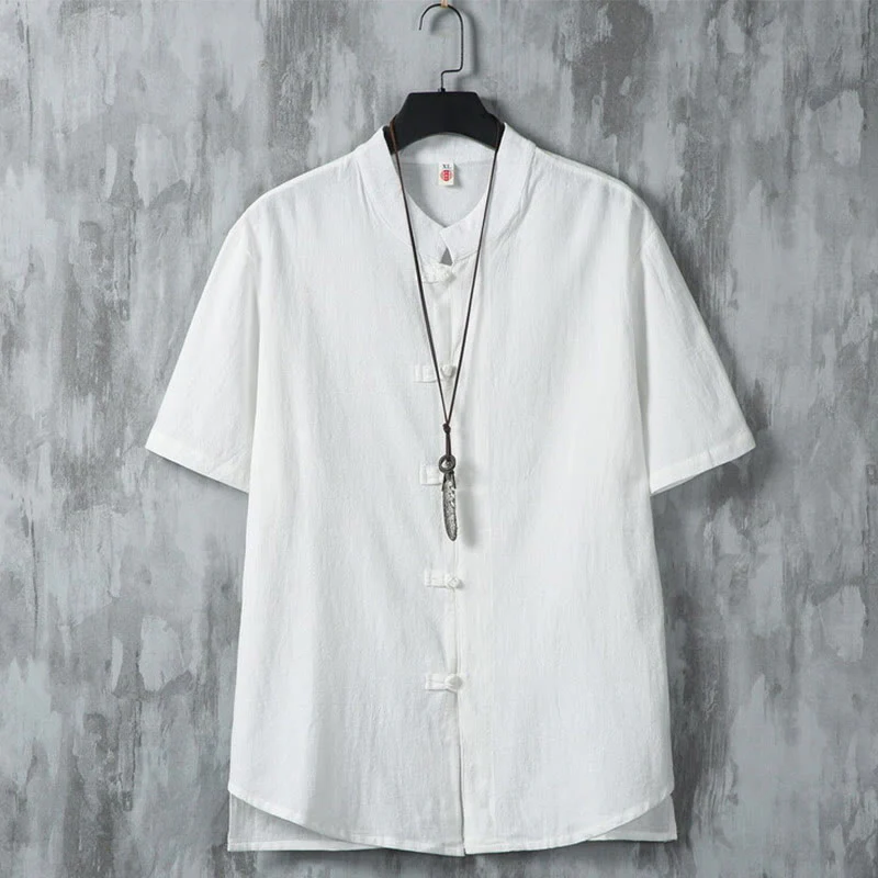 Buddha Stones Daily Casual Plain Chinese Frog-Button Men's Short Sleeve Cotton Linen Shirt