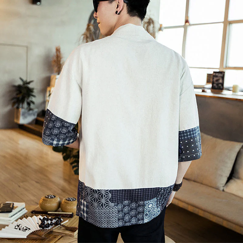Buddha Stones Ethnic Printing Patchwork Design Open Front Jacket Cotton Linen Men's Kimono