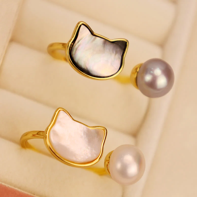 Buddha Stones Natural Pearl Copper Cat Healing Necklace Pendant Earrings