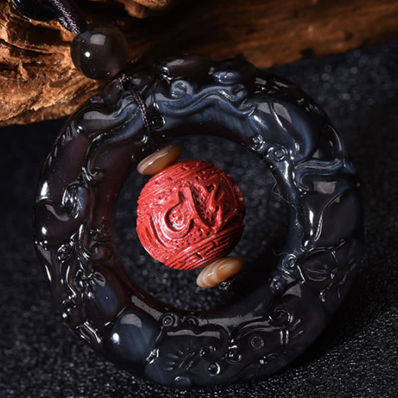 Buddha Stones FengShui Natural Rainbow Obsidian PiXiu Cinnabar Healing Necklace Pendant