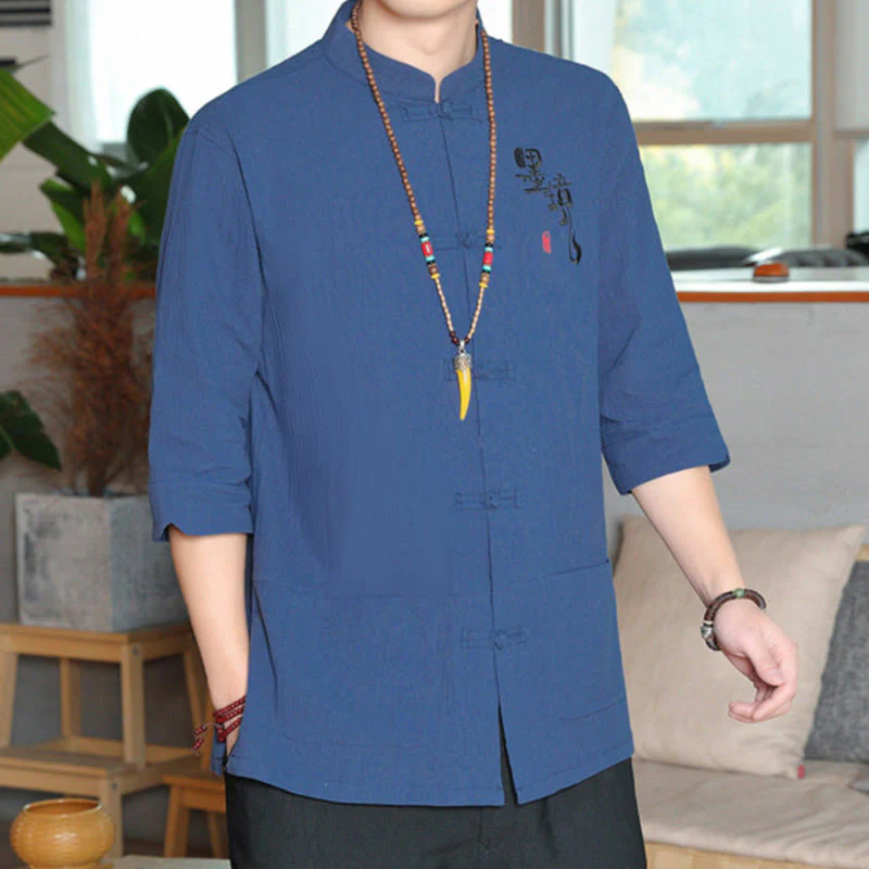 Buddha Stones Frog-Button Chinese Tang Suit Three Quarter Sleeve Cotton Linen Men's Shirt