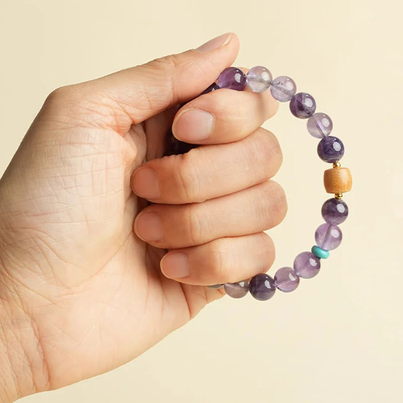Buddha Stones Natural Amethyst Lucky Wooden Beads Peace Bracelet