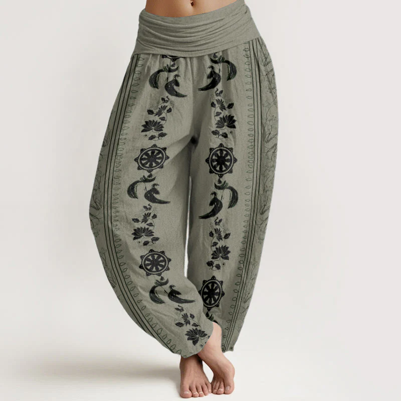 Buddha Stones Pure Cotton Dharma Wheel Lotus OM Pattern Women's Elastic Waist Harem Pants