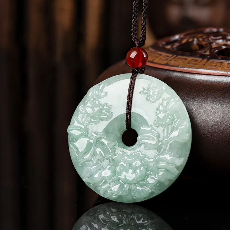 Buddha Stones Round Jade Peace Buckle Peony Flower Abundance Necklace Pendant