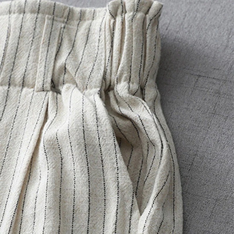 Buddha Stones Vertical Striped Cotton Linen High Waist Wide Leg Pants With Pockets