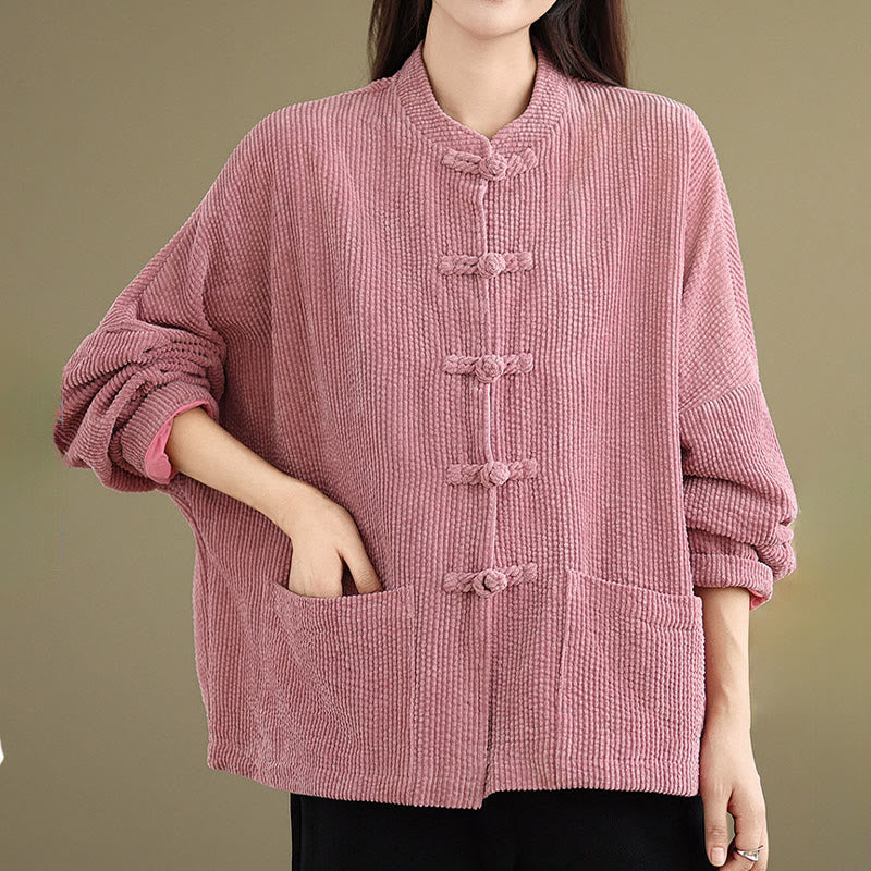 Buddha Stones Frog-button Stand Collar Women's Cotton Linen Corduroy Jacket
