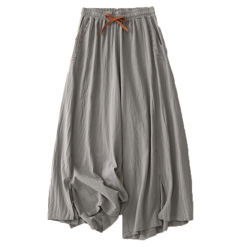 Buddha Stones Casual Simple Design Drawstring Split Cotton Linen Women's Wide Leg Pants With Pockets