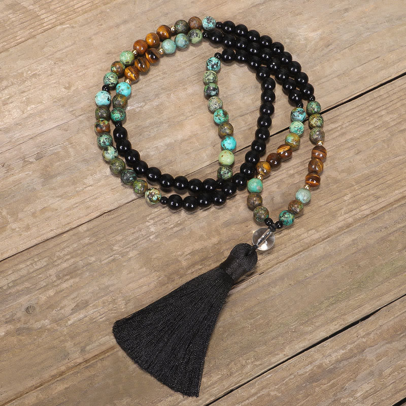 Buddha Stones 108 Mala Beads Natural Stone Tiger Eye Turquoise Protection Strength Bracelet Necklace