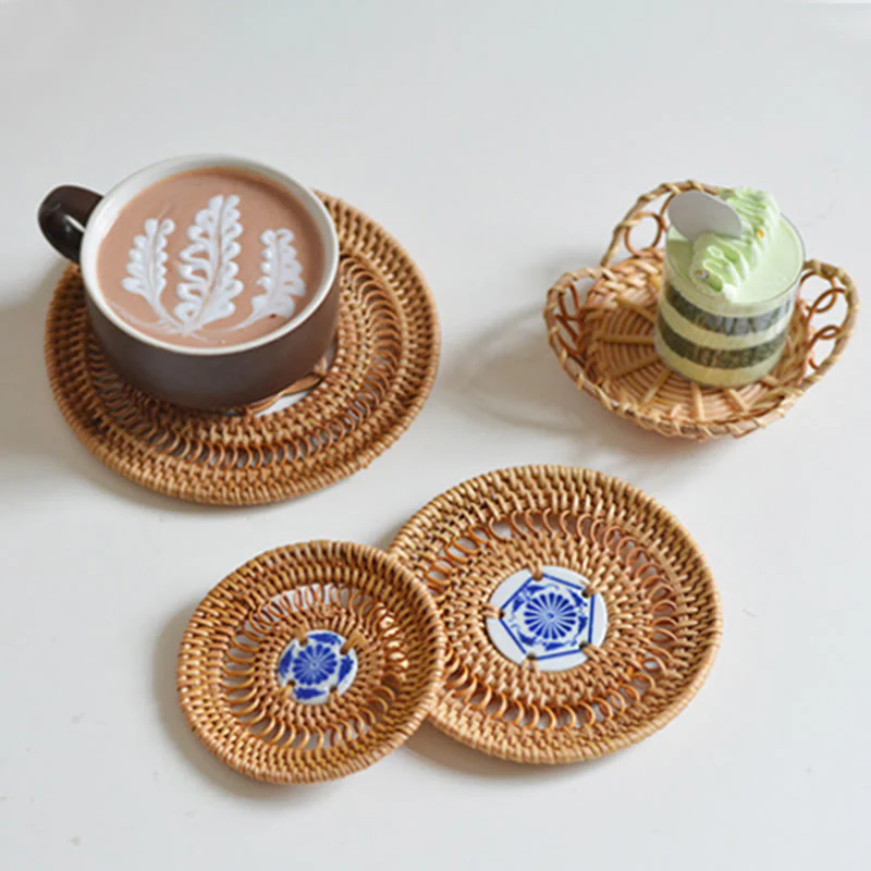 Buddha Stones Ceramic Flower Pattern Rattan Cup Mat Tea Cup Coaster