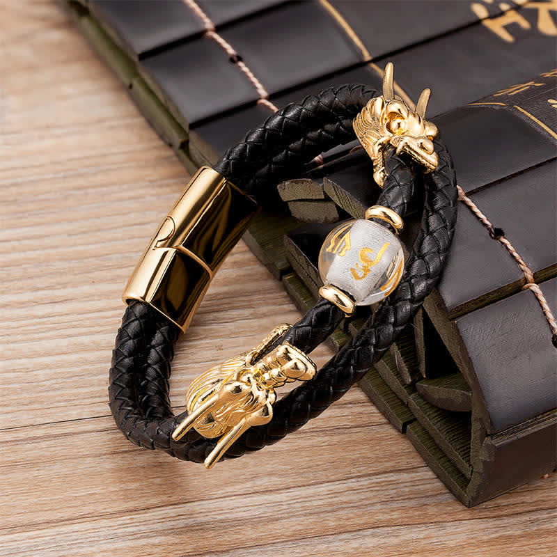Buddha Stones Double Dragon Head Leather Stone Titanium Steel Success Bracelet (Extra 35% Off | USE CODE: FS35)