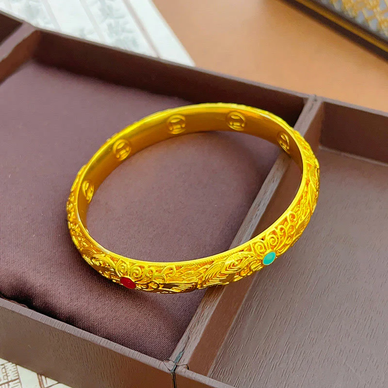 Buddha Stones Copper Plated Gold Flowers Leaves Luck Bracelet Bangle