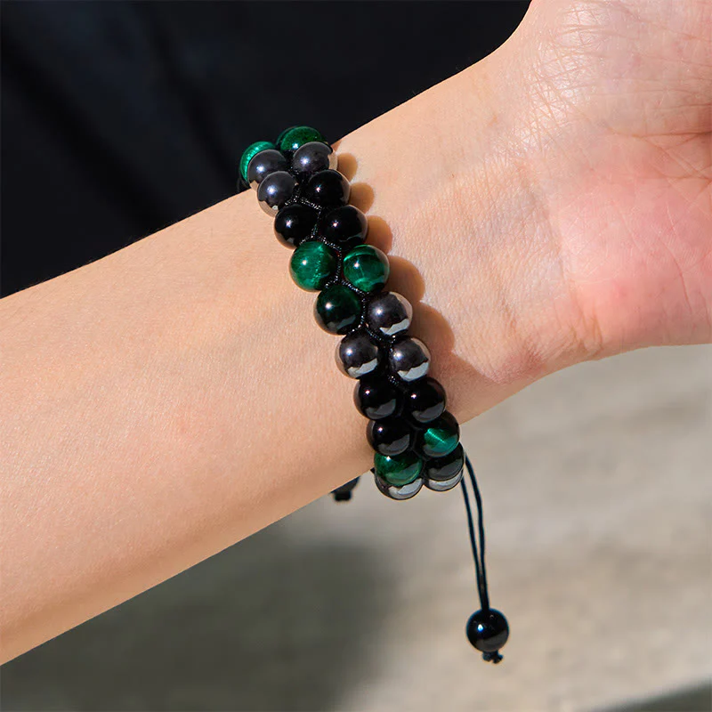 Buddha Stones Natural Green Tiger Eye Black Magnetite Black Obsidian Double Row Beads Positive Bracelet