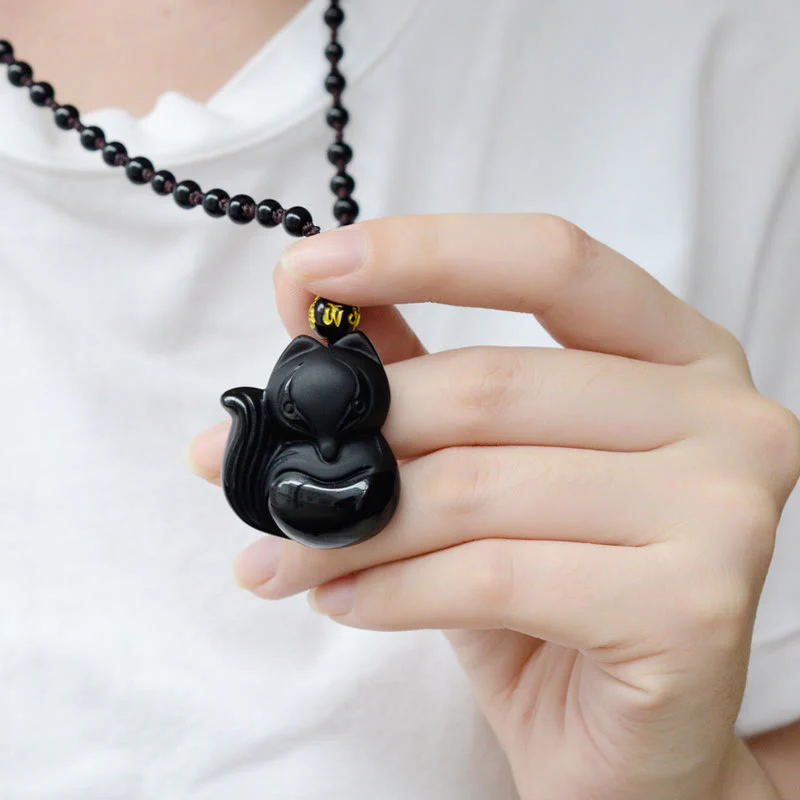 Buddha Stones Natural Black Obsidian Tiger Eye Ice Obsidian Fox Pendant Amulet Necklace
