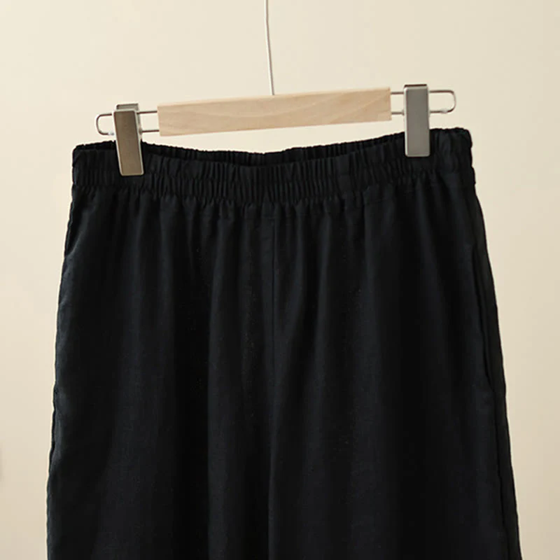 Buddha Stones Commute Retro Plain Lace Patchwork Design 7-8 Length Women's Wide Leg Cotton Pants With Pockets