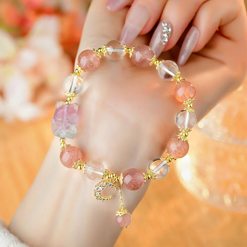 Buddha Stones Natural White Strawberry Quartz Crystal Healing Love Nine Tailed Fox  Moon Pendant Bracelet