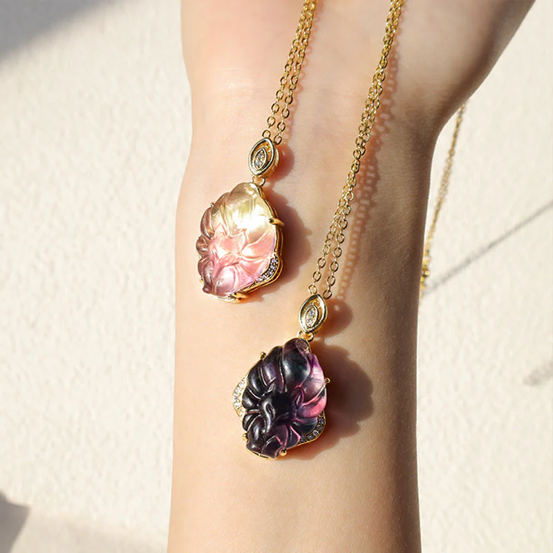 Buddha Stones Natural Colorful Fluorite Nine Tailed Fox Protection Necklace Pendant