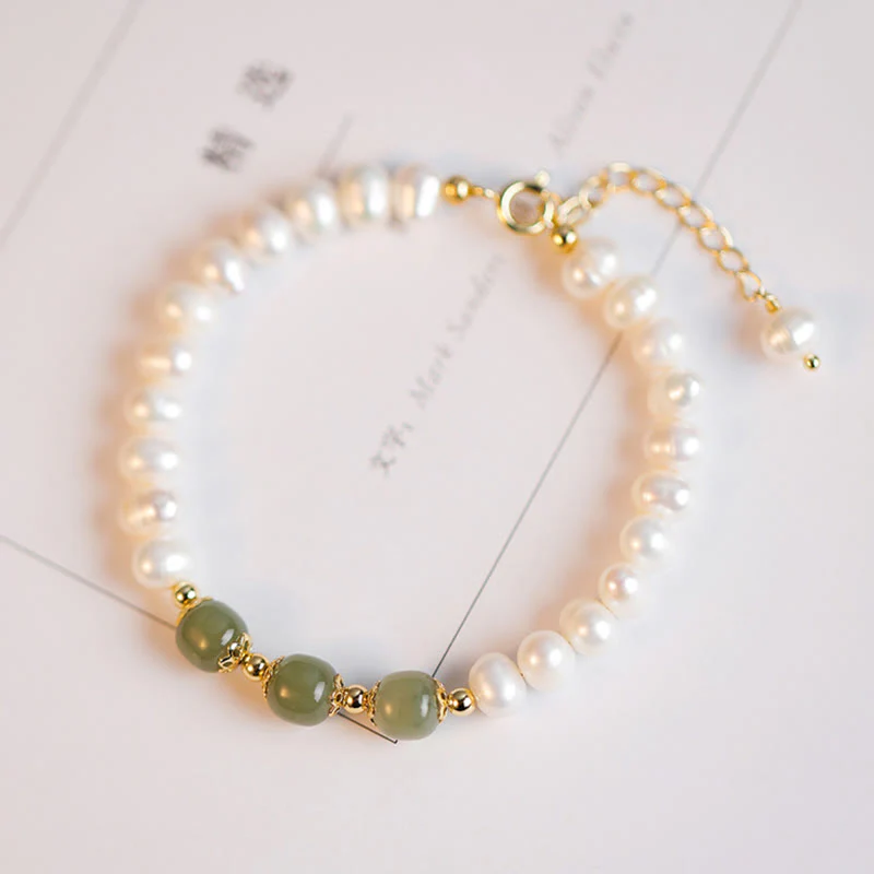 Buddha Stones 14K Gold Plated Natural Pearl Hetian Cyan Jade White Jade Sincerity Bead Chain Bracelet