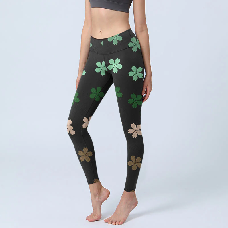 Buddha Stones Green Pink Five-petal Flowers Print Gym Leggings Women's Yoga Pants